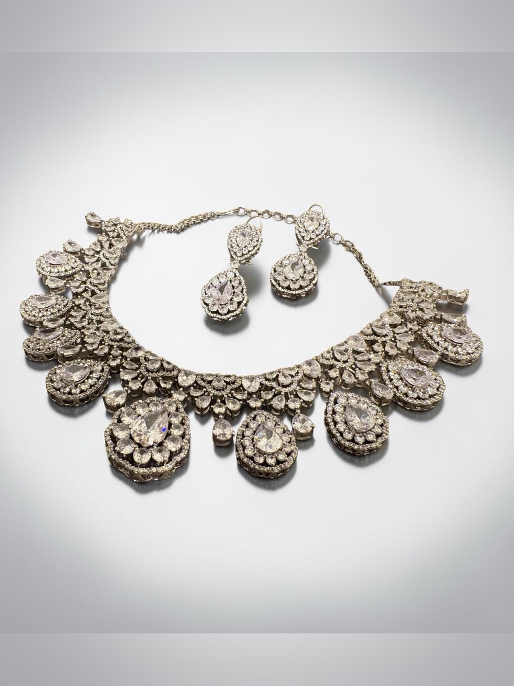 Moissanite Statement Necklace and Earring Set - Silver-Tone
